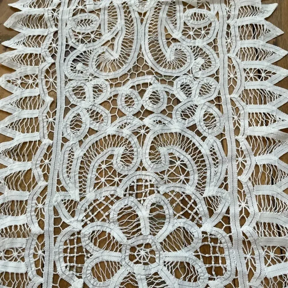 Vintage Table Runner 14 x 46.5 in White Battenburg Lace Intricate Floral Spike